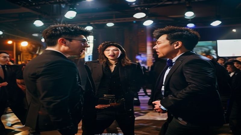 娱乐圈明星在豪华片场内与导演激烈争论，背景灯光炫目，氛围紧张，黑料中文网独家现场画面